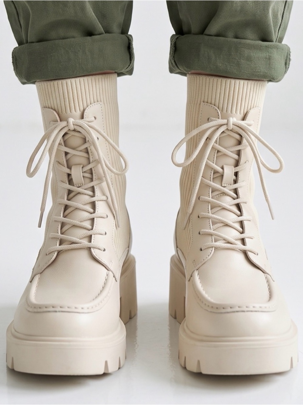 Source Unknown Cream Lace Up Chunky Ankle Boots combat boots knit shaft